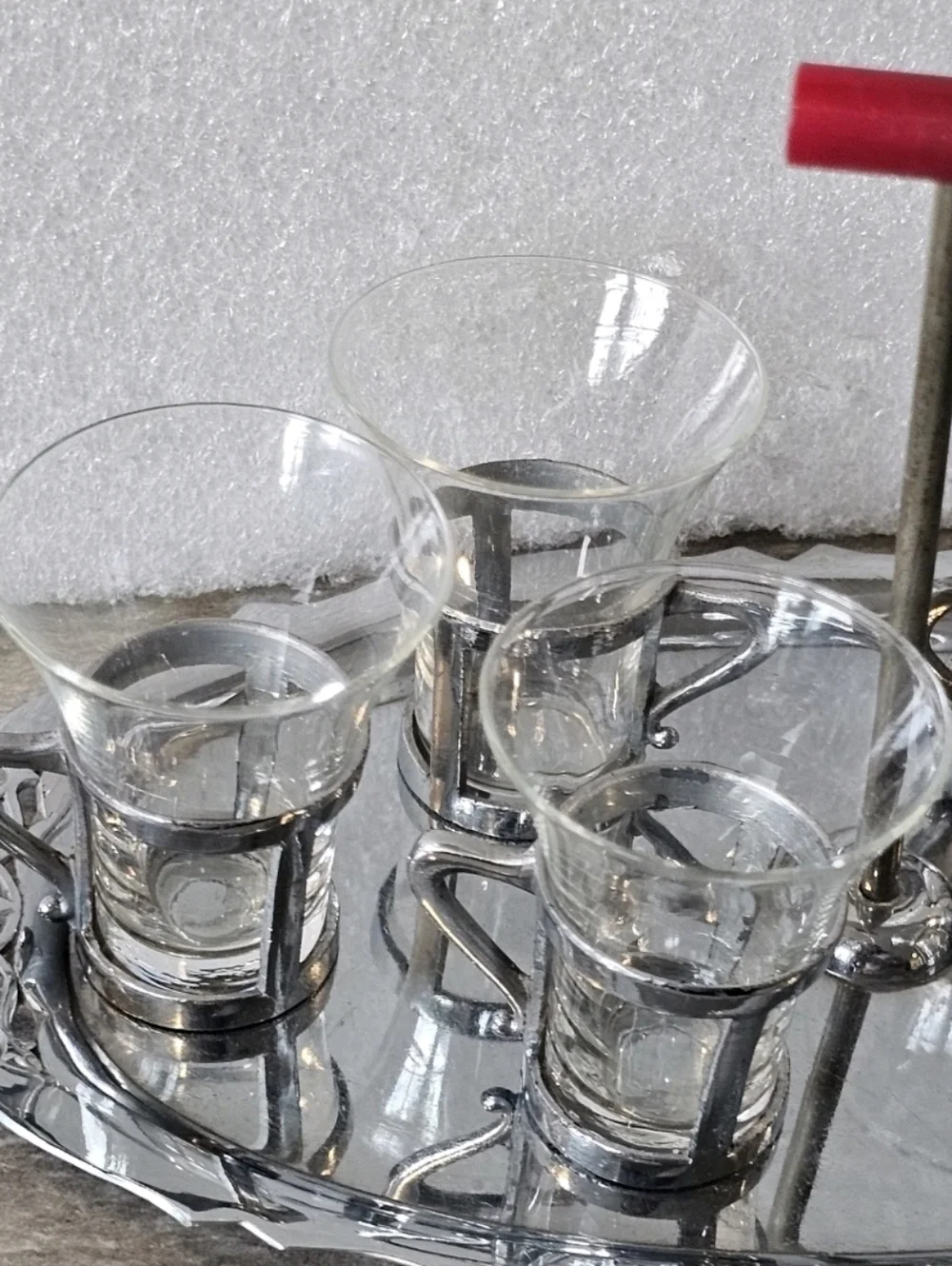 MCM Cordial Shot‎ Glass Set Silver Handles W Tray Osaka Japan 6 Pc Set 50s 60s